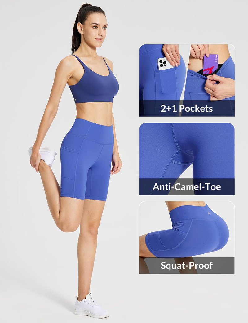 baleaf Biker Shorts Women Yoga Gym Workout Spandex Running Volleyball Tummy Control Compression with Pockets 8" Earth Blue L