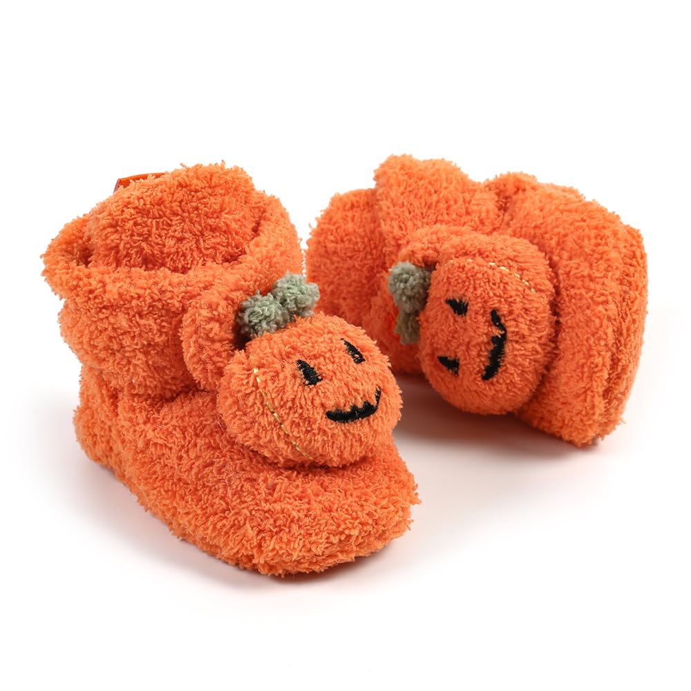 Ohwawadi Baby Booties Cozy Fleece Infant Baby Christmas Halloween Pumpkin Slippers Soft Bottom Warm Cartoon Socks Newborn Crib Shoes