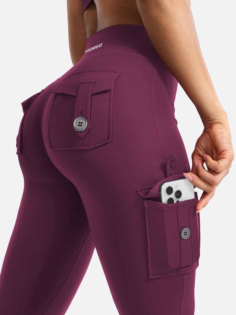 YEOREO CoreFlex Women Workout Flare Leggings with Pockets Hidden Scrunch High Waisted Cargo Gym Yoga Leggings Deep Cherry Red XS