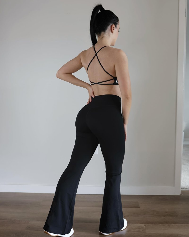 AUROLA Fire Flare Leggings for Women, Crossover High Waisted Yoga Pants Tummy Control Wide Leg Bootcut Leggings-30 Inseam(Black,M)