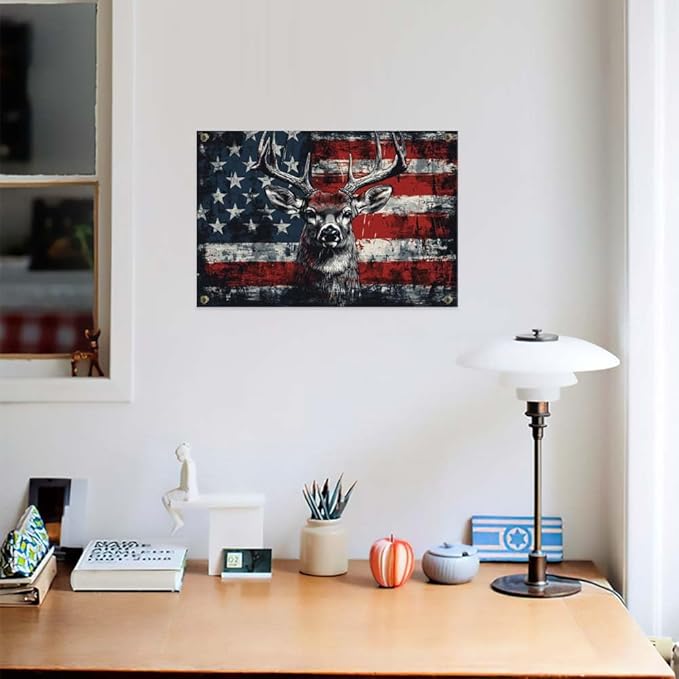 Yesad American Flag Deer Canvas Wall Art, Animal Head Rustic Wall Décor Christmas Paintings Pictures Nature Artwork Modern Poster for Farmhouse, Living Room, Bedroom, Office (Unframed,18”x12”,Deer1)