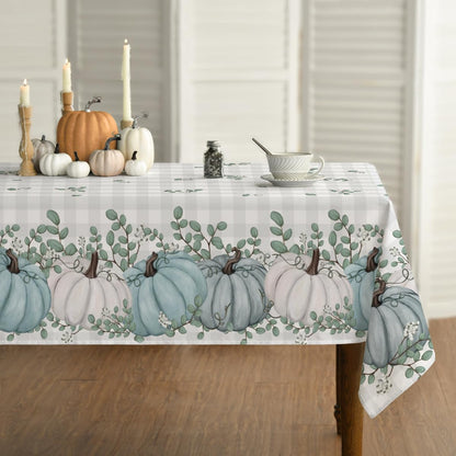 Horaldaily Fall Tablecloth 60x84 Inch Rectangular, Thanksgiving Autumn Harvest Blue Pumpkin Buffalo Plaid Table Cover for Party Picnic Dinner Decor