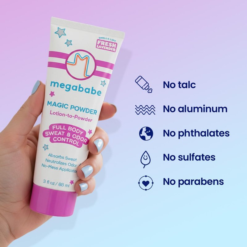 Megababe Sweat & Odor Absorbing Lotion - Magic Powder Stay-Dry Lotion to Powder | Summer and Hot Weather Essential | Aluminum-Free, Talc-Free | 3 fl oz