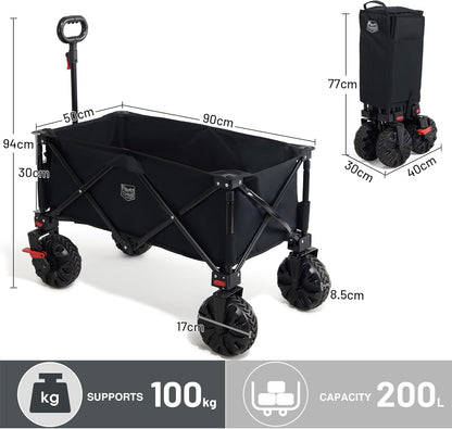 TIMBER RIDGE Festival Trolley on Wheels with Brakes, 200L Folding Camping Beach Trolley with Adjustable Handle & Cover Bag, 100kg Heavy Duty Cart Wagon for Outdoor Garden Picnic