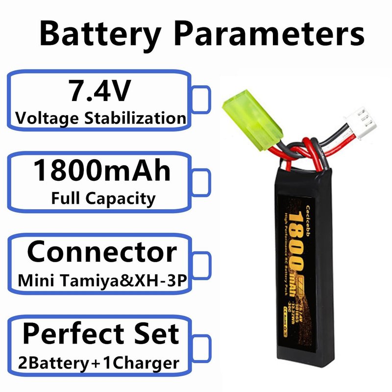 Cecicebb Airsoft Battery 1800mAh 7.4V Lipo Battery Pack with Mini Tamiya Plug 30C Rechargeable 2S Lipo Batteries for Airsoft Model Rifle