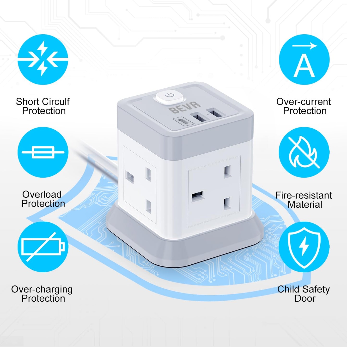 3M Extension Lead Cube With USB, BEVA 4 Gang Extension Socket With 3 USB Ports, Power Strip With Switch Multi Plug Extension with 3 Metre Long Cable For Home Office Travel