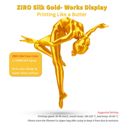 ZIRO PLA Silk Filament 1.75mm, 3D Printer Filament PLA Silky Series 1.75mm 1KG(2.2lbs), Dimensional Accuracy +/- 0.03mm, Gold