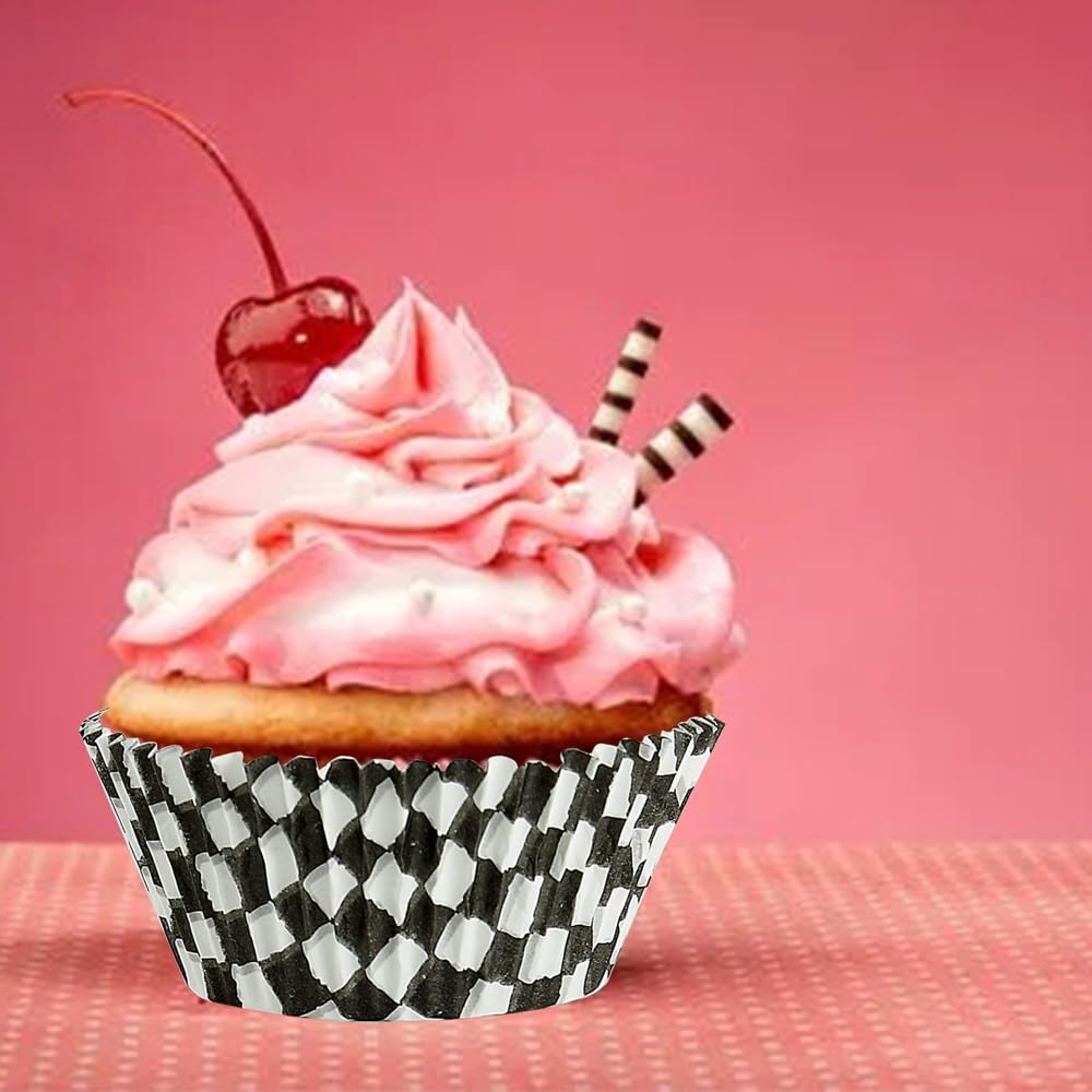 BinaryABC Black Checkered Cupcake Liners Baking Cups,Birthday Cake Decorations Party Supplies,100Pcs