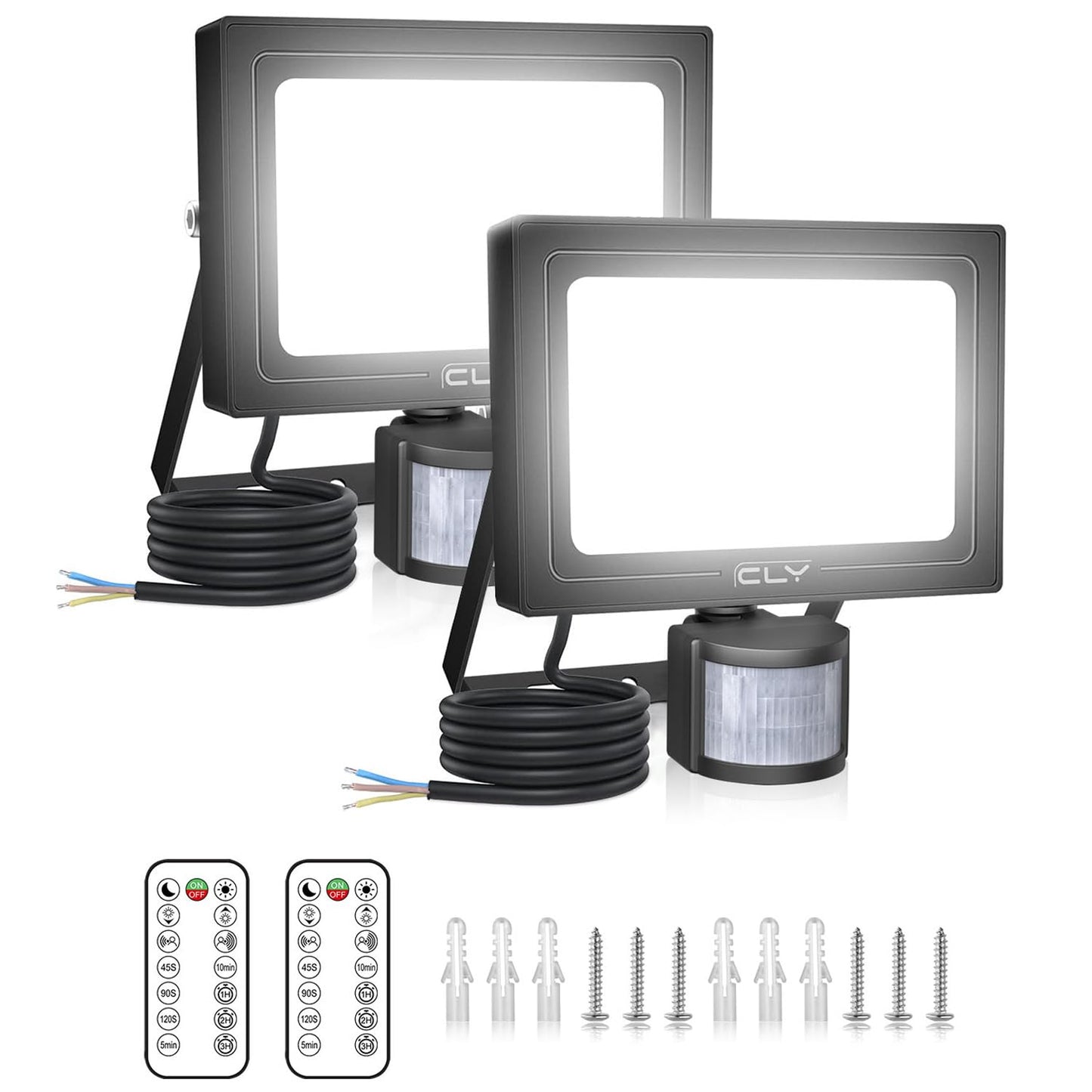 CLY 2 Pack Security Lights Outdoor with Motion Sensor, 15W 1200LM LED Floodlight with Remote Control IP66 Waterproof PIR Sensor Lights 6500K LED Outdoor Lights for Garden, Backyard, Garage, Doorways