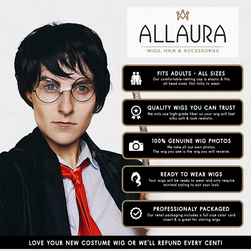 ALLAURA Compatible with Harry Potter Wig – Short Black Boy Wizard Wig & Glasses Set for Kids & Adults – Magical School Costume Accessory for Halloween, Cosplay, Book Week, Fantasy Party Outfits