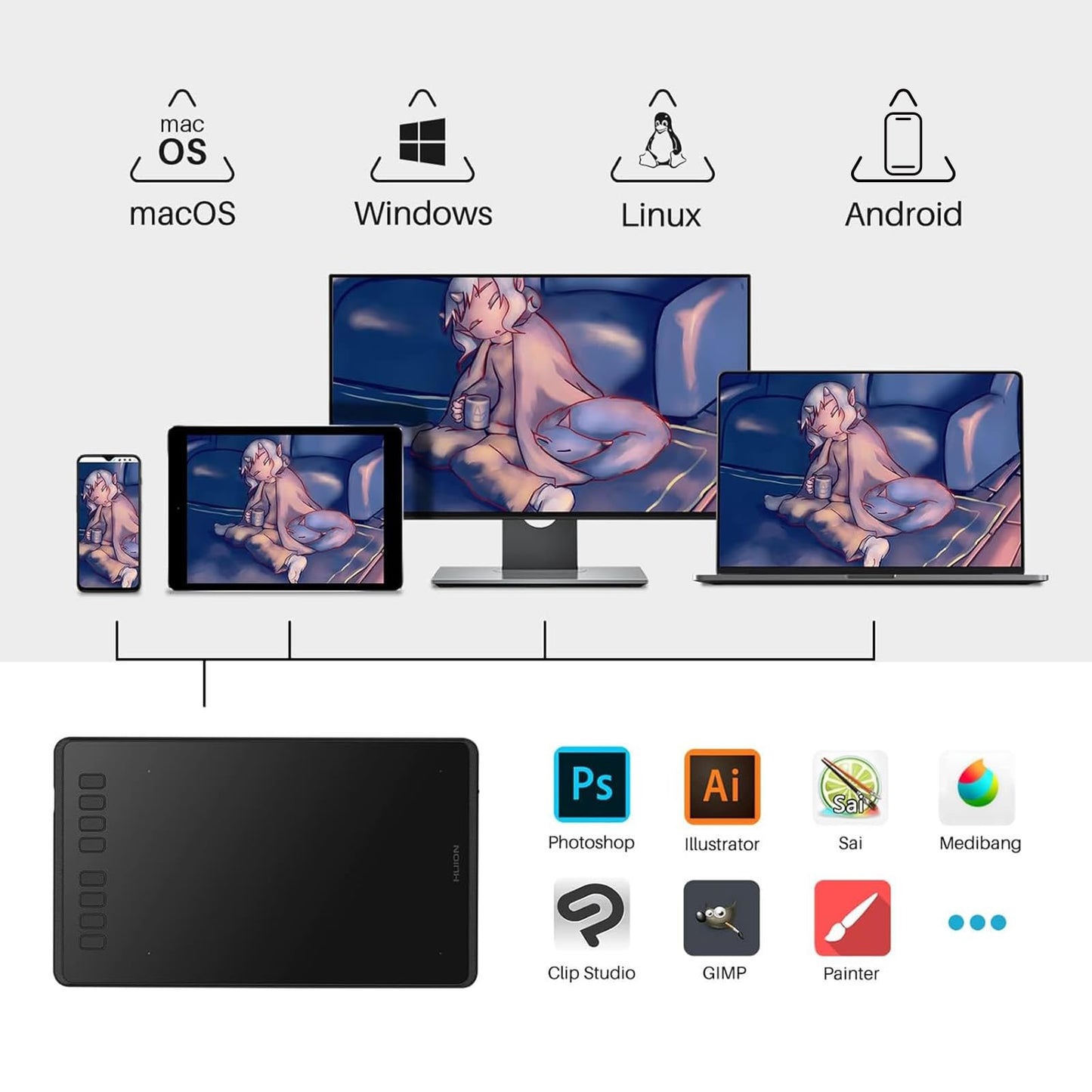 HUION Inspiroy H950P Drawing Tablet, 8x5 inch Digital Art Tablet with Battery-Free Stylus, 8192 Pen Pressure, Tilt, 8 Hot Keys, Graphic Tablet for Design, Writing, OSU, Work with Mac, PC, Mobile