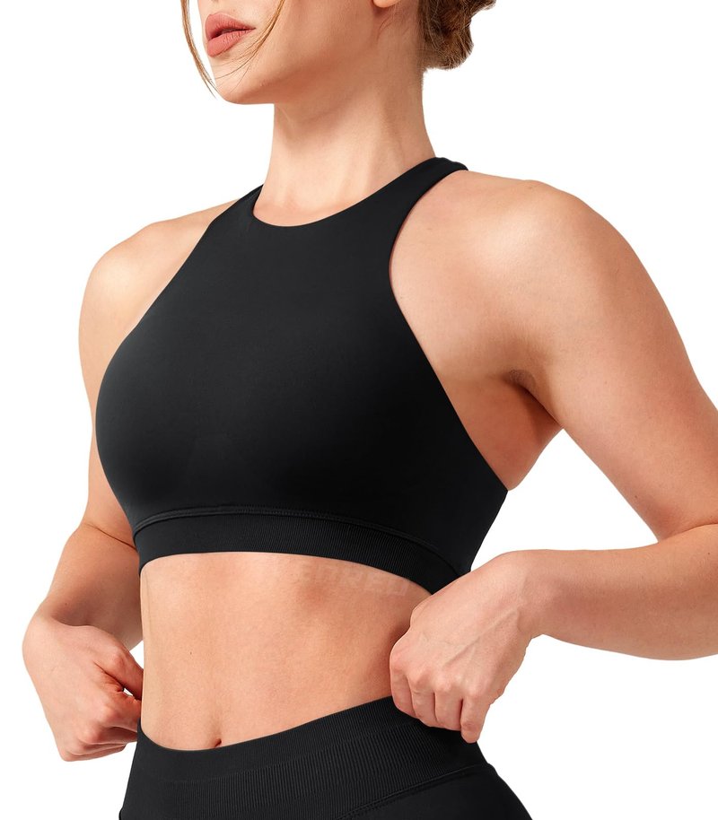 YEOREO CoreFlex Racerback Sports Bras for Women Padded Medium Impact Seamless Yoga Workout Crop Tops Black S