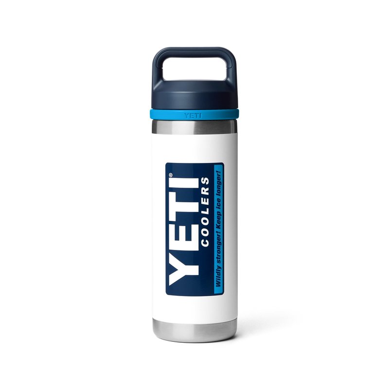 YETI Rambler 18 oz Bottle, Leakproof, Vacuum Insulated, Stainless Steel with Chug Cap, White/Blue