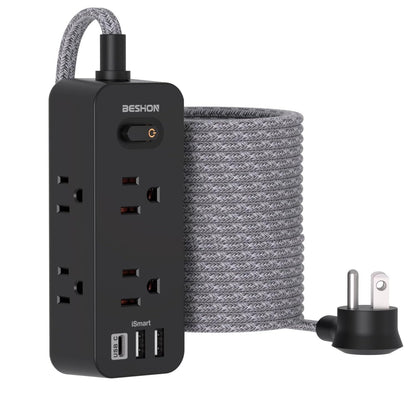 Power Strip Surge Protector, BESHON 5Ft Extension Cord, 6 Outlets with 4 USB Ports (2 USB C Outlet), 3-Side Outlet Extender, Wall Mount, Compact for Travel, Home, School, College Dorm Room and Office