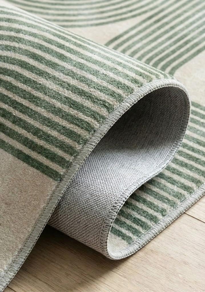 ERYATOU 5x7 Area Rug for Living Room, Green and Beige Modern Geometric Arch Stripe Rug, Machine Washable Non-Slip Low Pile Faux Cashmere Carpet for Bedroom, Dining Room, Home Office
