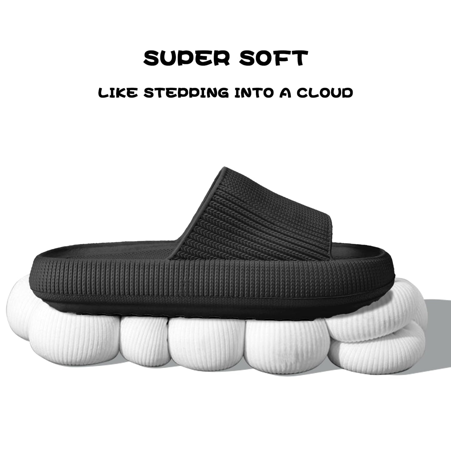 BHFRGAS Sliders Cloud Slippers Women Men，Non-Slip Mens Womens Slippers Cloud Sliders，Soft Flip Flops with Thick Sole for Shower Bathroom Pool Beach，Black, 8-9 UK