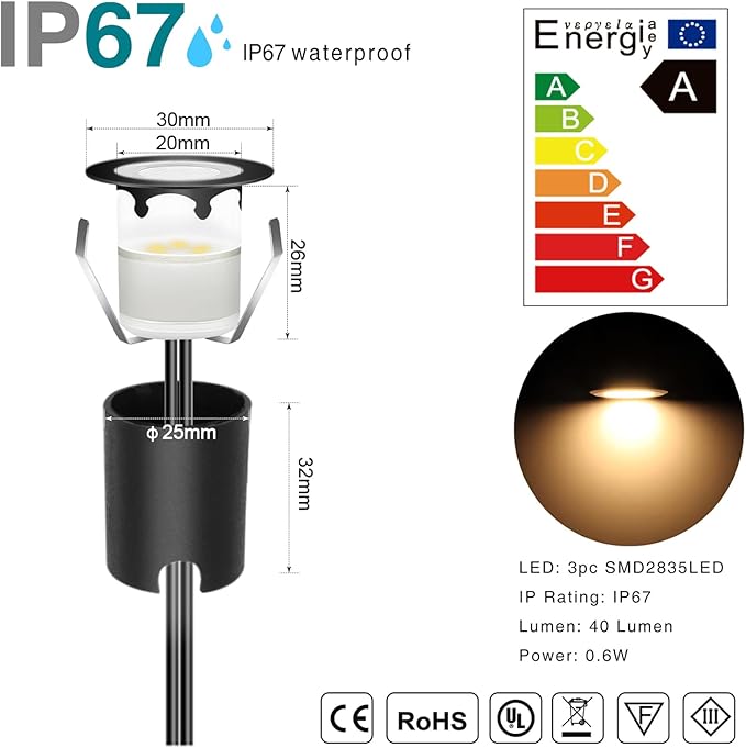 LED Recessed Deck Light Kits with Protecting Shell,LED Outdoor Landscape Lighting Warm White IP67 Waterproof,DC 12V Low Voltage for Garden,Yard,Stair,Patio,Kitchen Decoration In Ground(10pcs)
