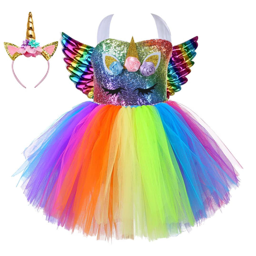 SHINYOU Girls Unicorn Costume Rainbow Unicorn Dress LED Light Up Unicorn Tutu with LED Wing for Halloween Birthday Gift DeepRainbow+Wing 3-4Y¡­