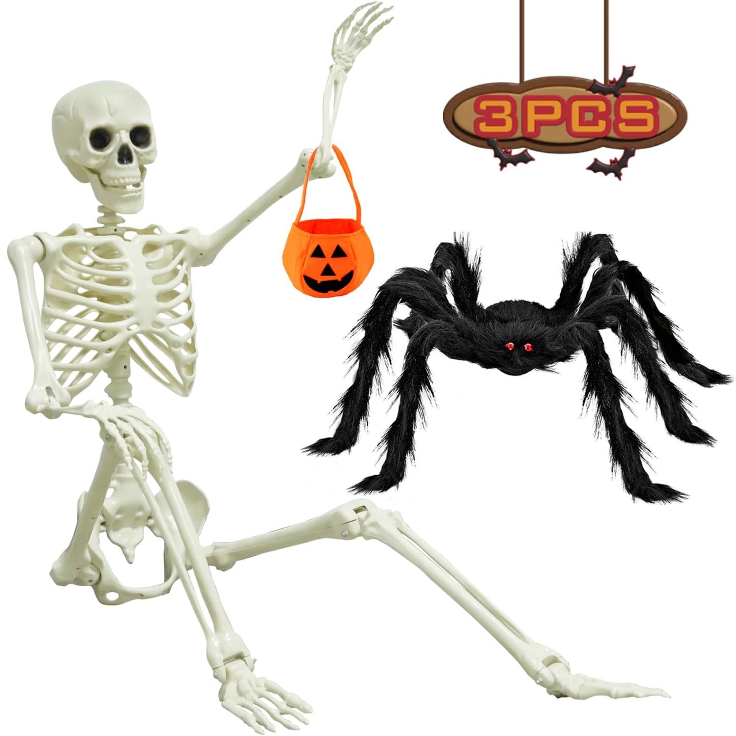 5.4ft/165cm Halloween Skeleton, Life Size Skeleton with Spider Pumpkin Bag, Full Body Human Bones with Movable Joints for Halloween Indoor Outdoor Haunted House Decorations