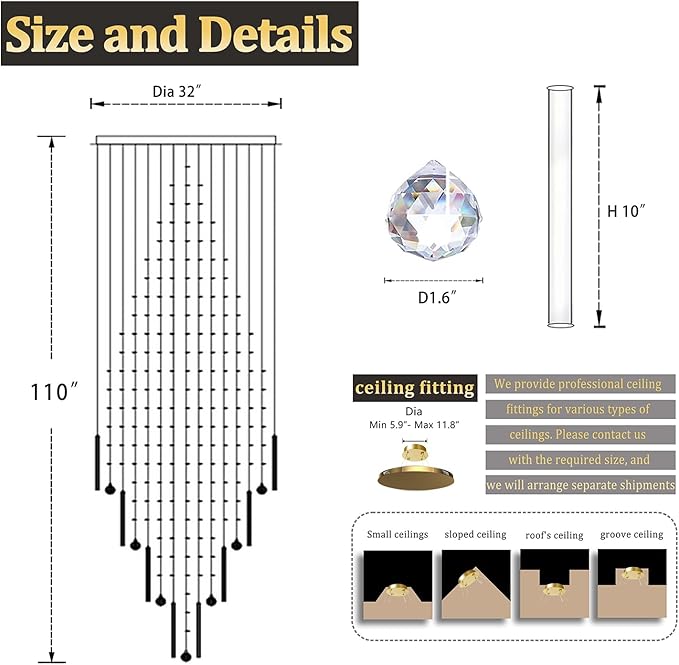 D32''X H110'' Modern Crystal Raindrop Gold Chandelier Lighting for Entrance, Stairs, Doorway, Crystal Ornament Chandelier Can be Used on Sloping Ceiling