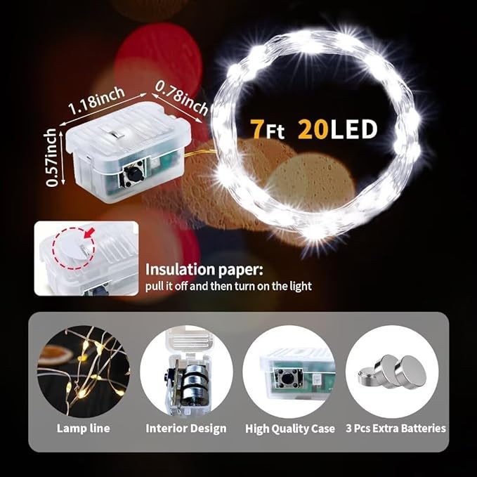 pozzolanas 12 Pack White Fairy Lights Battery Operated 3 Modes 7FT 20 LED Waterproof String Lights Twinkle Silver Wire for Mason Jars Wedding Christmas Halloween Part Decor (12, White)