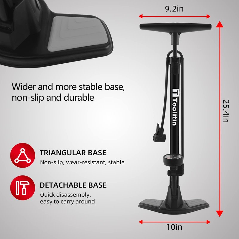 TOOLITIN Bike Pump with Gauge,160 Psi High Pressure,Floor Bicycle Pump Compatible with Presta and Schrader Valve,Detachable Bike Tire Pump for Road Bike,MTB,Hybrid,Balls