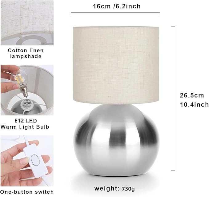 Modern Small Table Lamp Set of 2, Minimalist Nightstand Bedside Lamps with One-Button Inline Switch, 10.4 Inch Desk Light for Bedroom, Living Room,Including Light Bulb（Silvery）