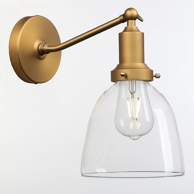 PERMO Industrial Vintage Slope Pole Wall Mount Single Sconce with 6.7" Oval Dome Clear Glass Shade Antique Gold Wall Sconce Light Fixture