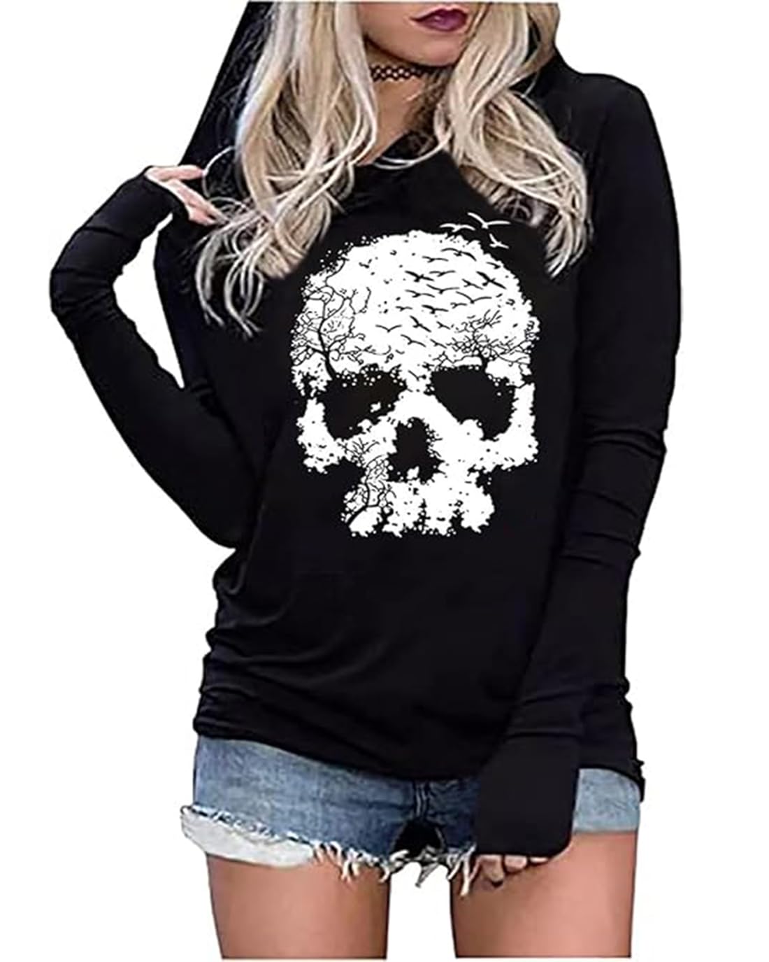 Barlver Women's Halloween Sweatshirts Skull Hoodies Graphic T Shirts Long Sleeve Pullover Tops Gothic Fall Clothes L