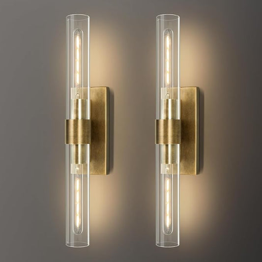 Wall Sconces Set of Two, 22.8" Gold Bathroom Sconces Wall Lighting with Clear Glass, Modern Sconces Wall Decor Brass Light Fixtures for Bathroom Mirror Living Room Hallway Bedroom