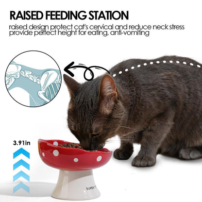 Ceramic Elevated Mushroom Cat Bowls, Tilted Raised Pet Dish Anti Vomit Kitten Bowl for Indoor Cats, Whisker Friendly Pet Food and Water Bowl for Kitten, Cat, Puppies, Dishwasher Safe (Red)