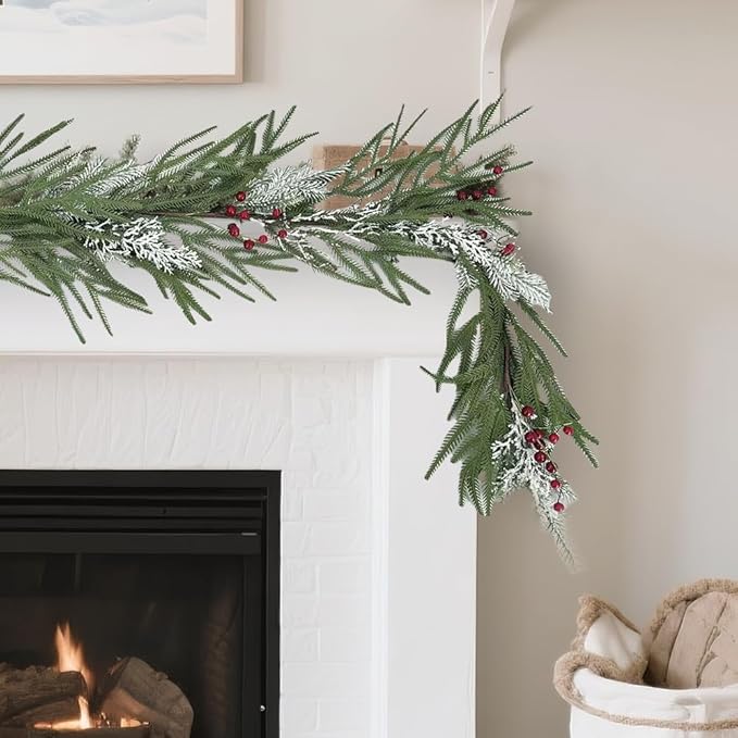 6FT Christmas Garland with Berries - Snow Dusted Pine Garland for Staircase Mantel Doorway, Christmas Decorations Holiday Indoor Outdoor Winter Garland