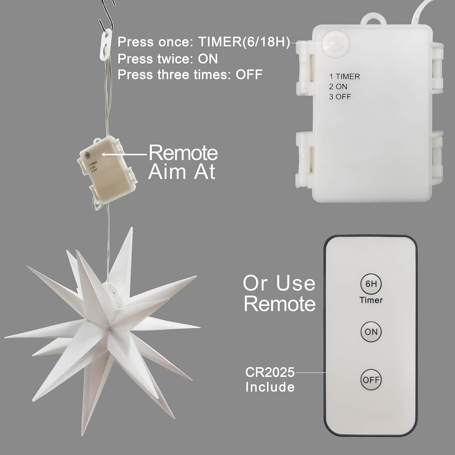 Leejec 13.3" Moravian Star Outdoor Light with Remote Control, Christmas Decorations, Indoor Hanging, Warm White LED Light, Battery Operated with Timer Function, 3-Pack, Tree, Ceiling, Balcony Decor