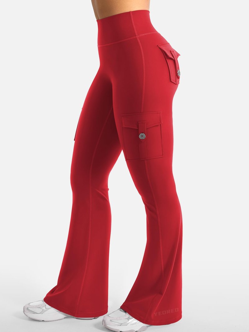 YEOREO CoreFlex Women Workout Flare Leggings with Pockets Hidden Scrunch Cargo Gym Yoga No Front Seam Leggings Red XS