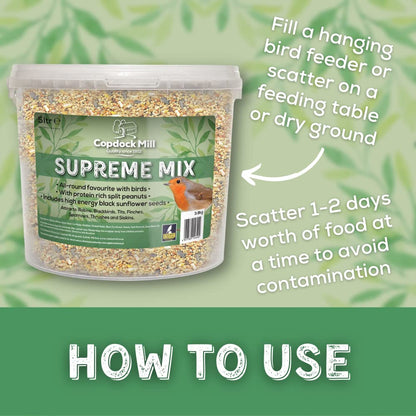 Copdock Mill Wild Bird Seed Supreme Mix 5L Tub – All Year-Round Bird Food – 100% Natural Ingredients Including Peanuts for Wild Birds – Suitable for All Wild Bird Species