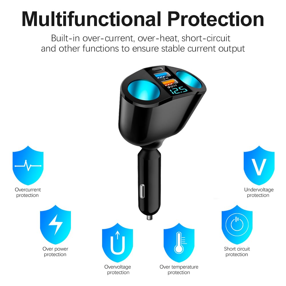 Cigarette Lighter Adapter USB C Car Charger, QC3.0 & PD Cigarette Lighter Splitter with LED Voltmeter, 12V/24V Car USB Outlet Socket Splitter Fast Charging for Phones GPS Vehicle Devices