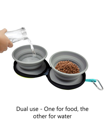 KALLAK Portable 2 in 1 Pet Bowls with Zipper Carrying Case and Carabiner, Collapsible Double Travel Dog Bowls for Food and Water Feeding, Foldable Camping Dog Cat Bowl