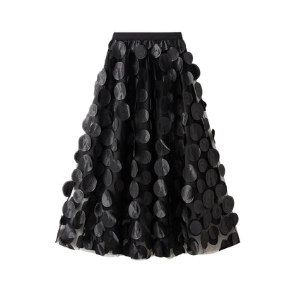 Tulle Skirt Women 3D Polka Dot Elastic Waist Mesh Flowy A-Line Midi Skirts Wedding Halloween Party Outfit (Black, One Size)