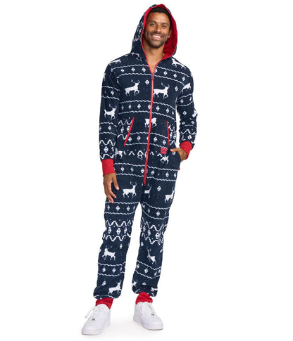 Tipsy Elves Blue Fair Isle Men's Pajamas Ugly Christmas Sweater Jumpsuit Navy Blue Large