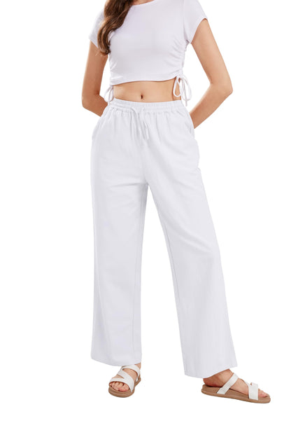CHARTOU Women's Summer Drawstring Waist Wide Leg Loose Cotton Linen Palazzo Pants