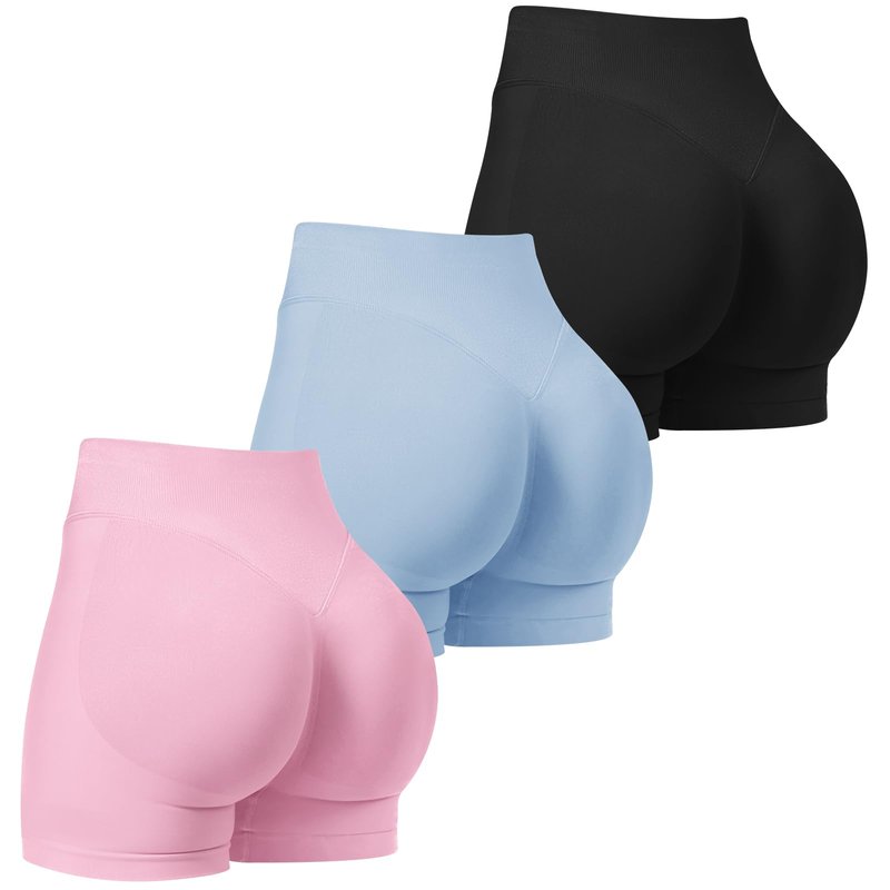 TDIFFUN Women Workout Shorts 3 Pack Gym Seamless Scrunch Butt Lifting Impact High Waist Yoga Biker Booty Athletic Shorts(Black+Pink+Blue,L)