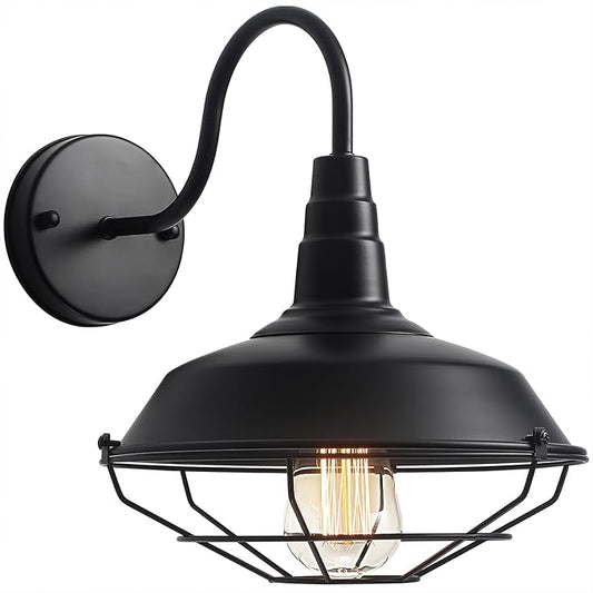 Outdoor Gooseneck Barn Light Fixture, Farmhouse Exterior Wall Sconce, Vintage Rustic Wall Mount Lamp with Metal Cage, Industrial Black Waterproof Lantern for Proch, Patio, Garage, Backyard, Warehouse