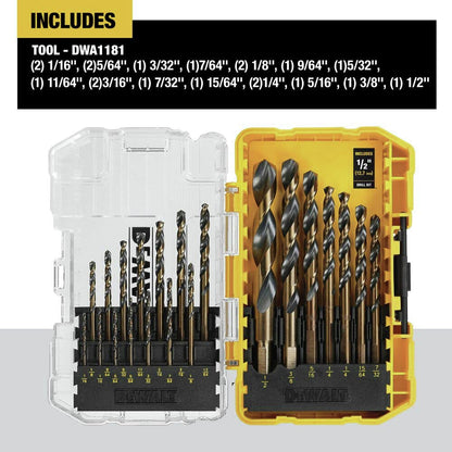DEWALT Drill Bit Set, 21-Piece, 135 Degree Split Point, 31 Degree Helix, Black Oxide Coated, For Plastic, Wood and Metal (DWA1181)