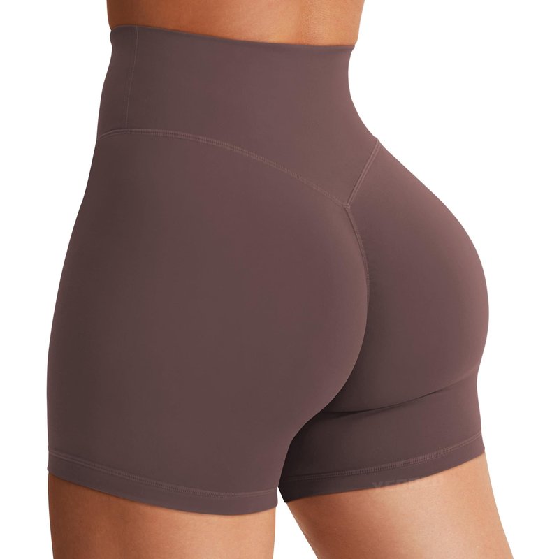 YEOREO Women's Biker Shorts 3.6" / 4.5" / 6" Workout Gym Shorts High Waist Tummy Control Hidden Scrunch Running Yoga Plum Brown