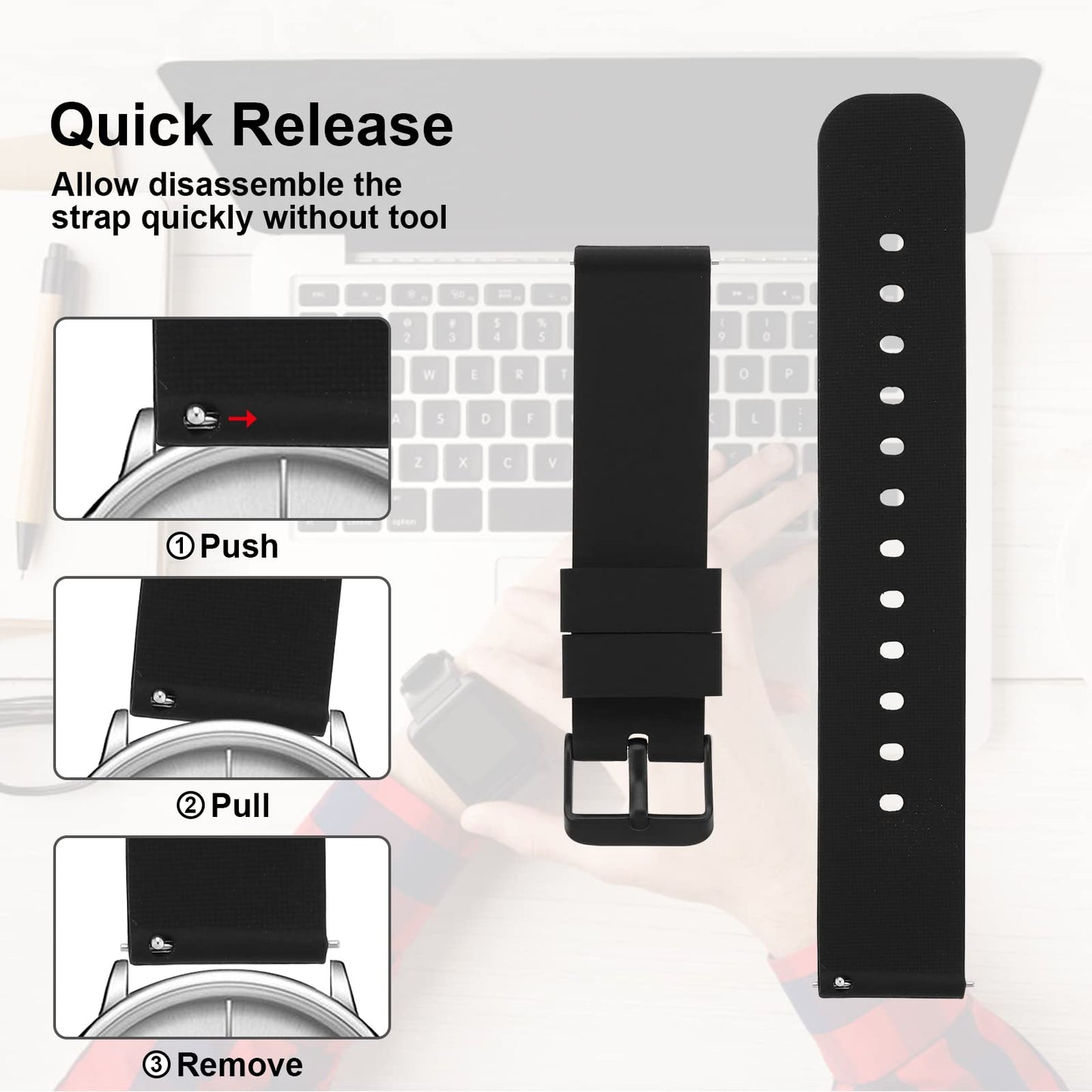 Cobee Silicone Watch Bands, Quick Release Waterproof Soft Rubber Replacement Straps with Black Plated Stainless Steel Buckle Smart Watch Straps Sport Watchbands Wrist Straps for Men Women(20mm-Black)