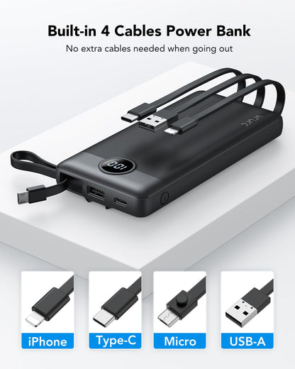 VRURC Power Bank 10000mAh With Built in Cables,USB C Battery Pack Portable Charger with 5 Outputs 2 Inputs Powerbank LED Display compatible with iPhone 16 15 14 Samsung S21 S20 Xiaomi