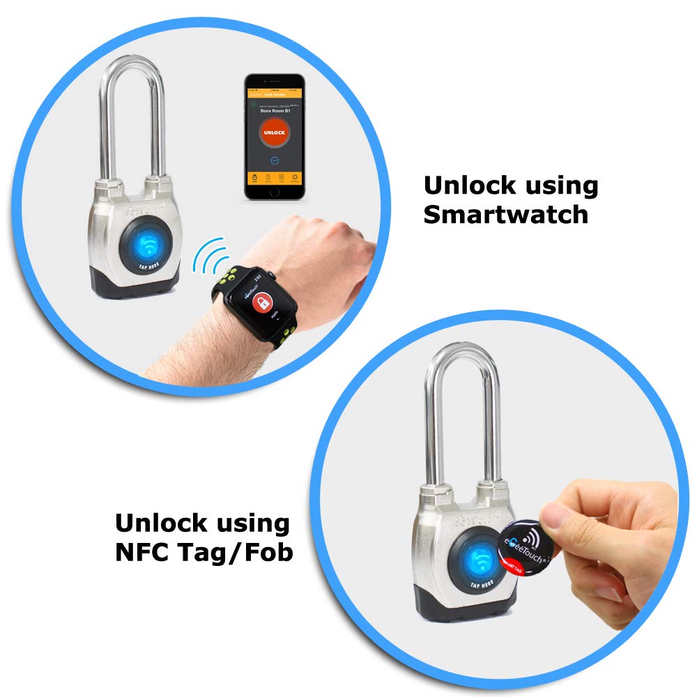 eGeeTouch 4th GEN. Smart Padlock, Weatherproof, Rugged Design for Commercial use, Bluetooth c/w NFC Fob (Long Shackle) (2 Pack)