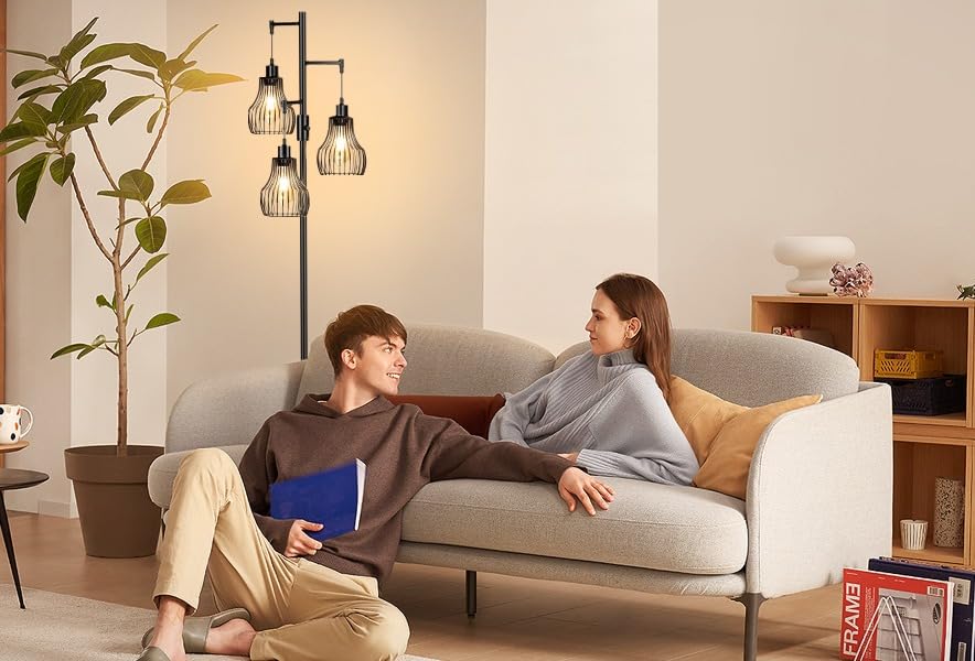 Dimmable Floor Lamp, 3 x 800LM LED Edison Bulbs Included, Farmhouse Industrial Floor Lamp Standing Tree Lamp with Elegant Cage Tall Lamps for Living Room Bedroom Office - Black