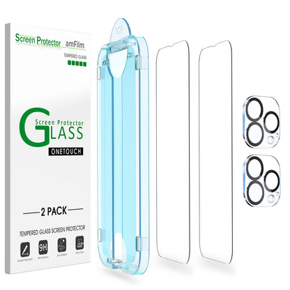 amFilm Easiest Installation OneTouch for iPhone 15 Pro Max Screen Protector [6.7 Inch] Tempered Glass + Camera Lens Protector, Auto-Alignment Tech, Bubble Free, Case Friendly, Anti-Scratch [2+2 Pack]