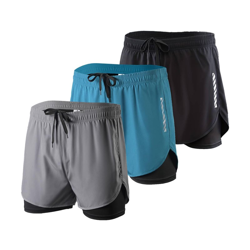 3-Piece Men's Running Shorts - Breathable Quick-Drying Sports Shorts with Night Reflective Strips (L) Black